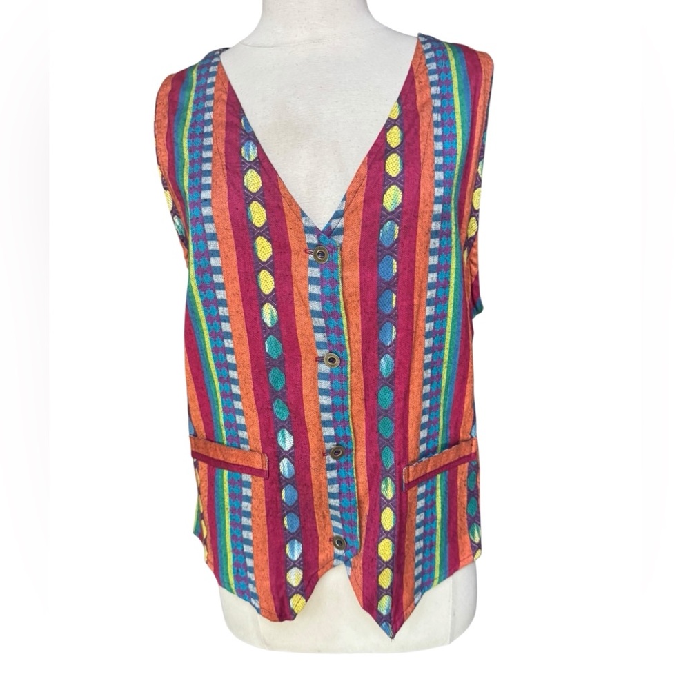 1990s Angelique imp. inc. n.y.c. Bold Colorful V-Neck Button‎ Front Closure Vest